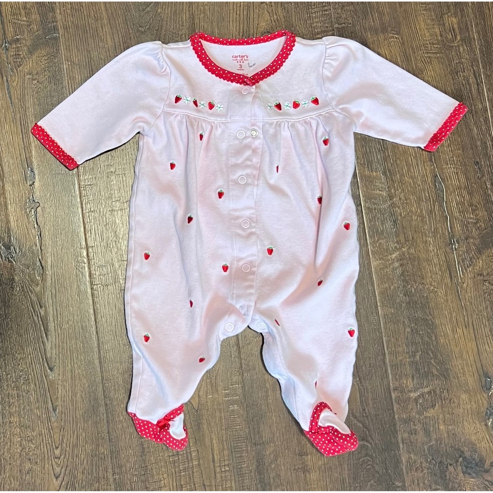 Carters Baby Girls Pink Strawberry Embroidered Footed Sleeper Snap Up 3 Months